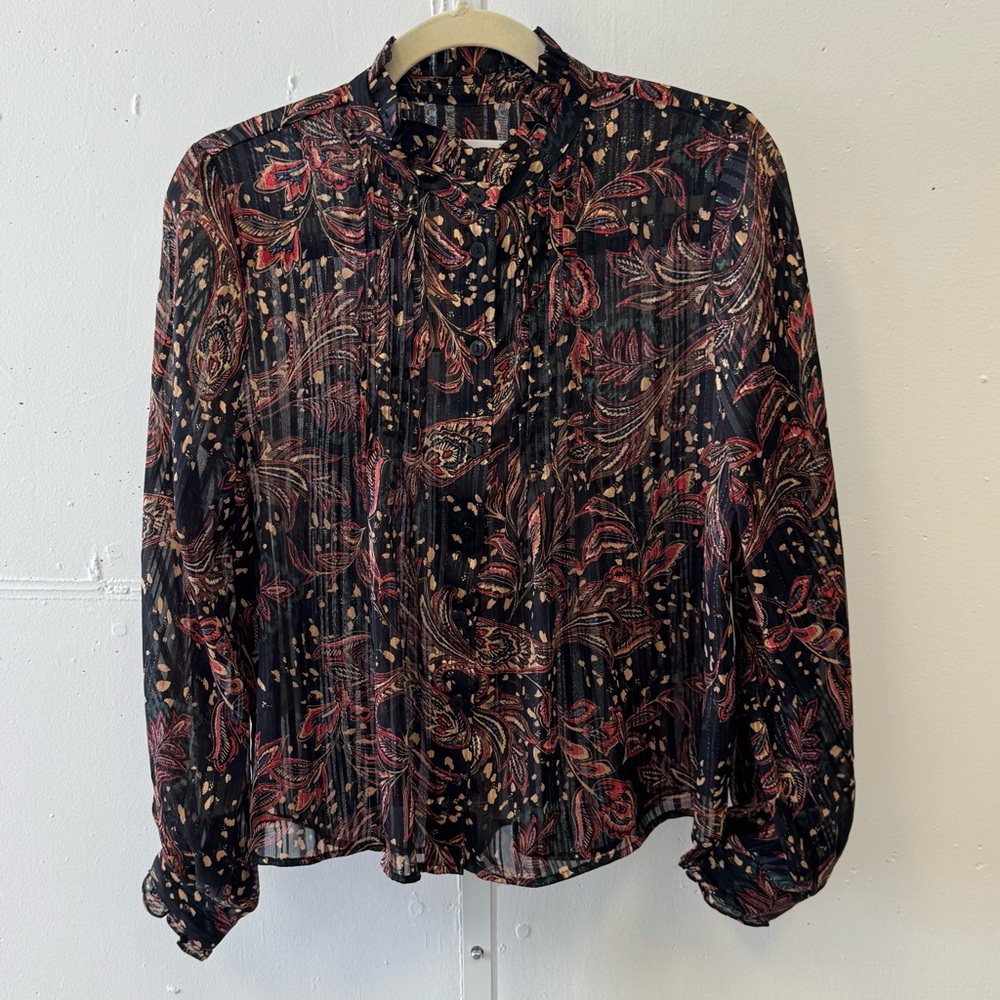 NWT Mango Floral Paisley Metallic Contemporary Ruffle‎ Sheer Blouse Blk Burgundy